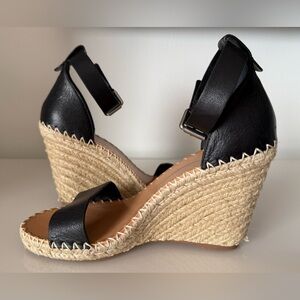 SIZE 8.5 - DOLCE VITA - BLACK AND TAN ANKLE STRAP WEDGE ESPADRILLE SANDAL BOHO